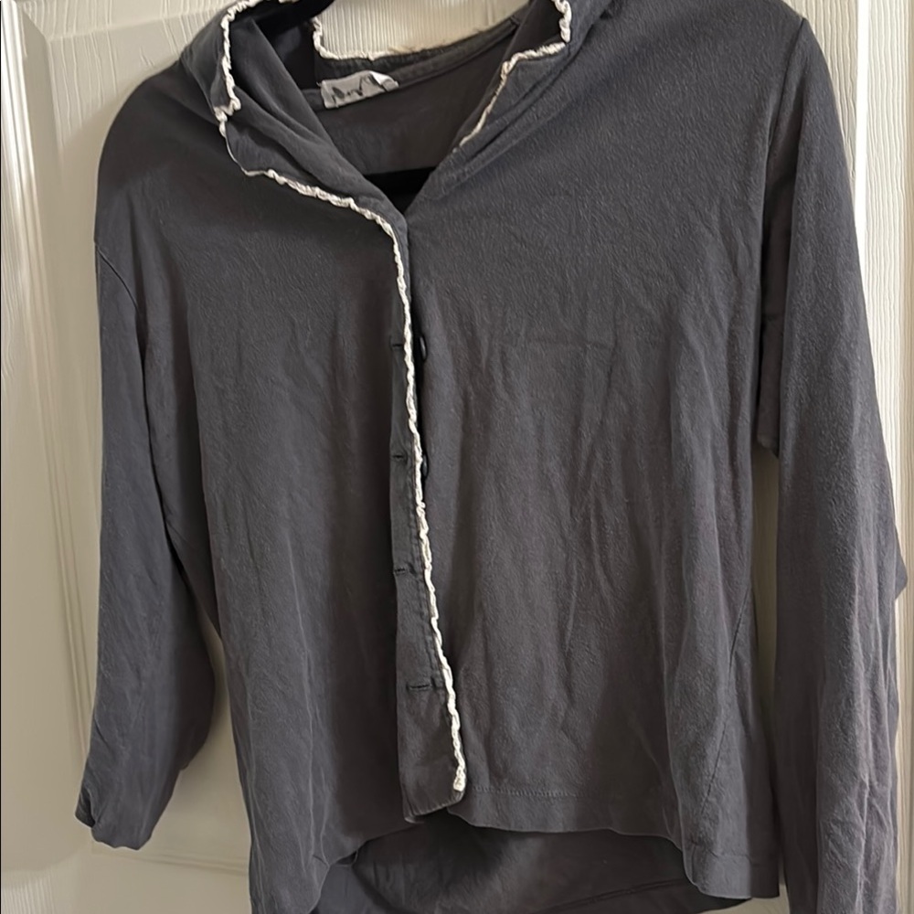 Agnes B. Gray Button-Up Top with White Trim